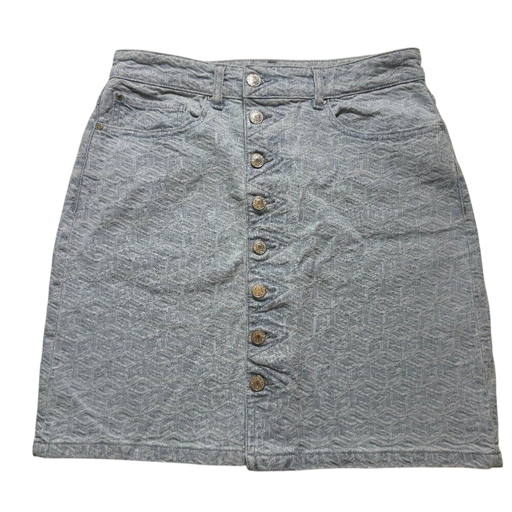 GUESS Geometric Denim Mini Skirt Button Front Logo Patch Light Wash Size 30